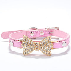 Rhinestone Bling Crystal Bow PU Leather Pet Collar Puppy Cats Necklace Dog Harness