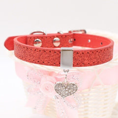 Pet Pu Leather Collar Pet Puppy Cat Shiny Bright Crystal Diamond Heart
